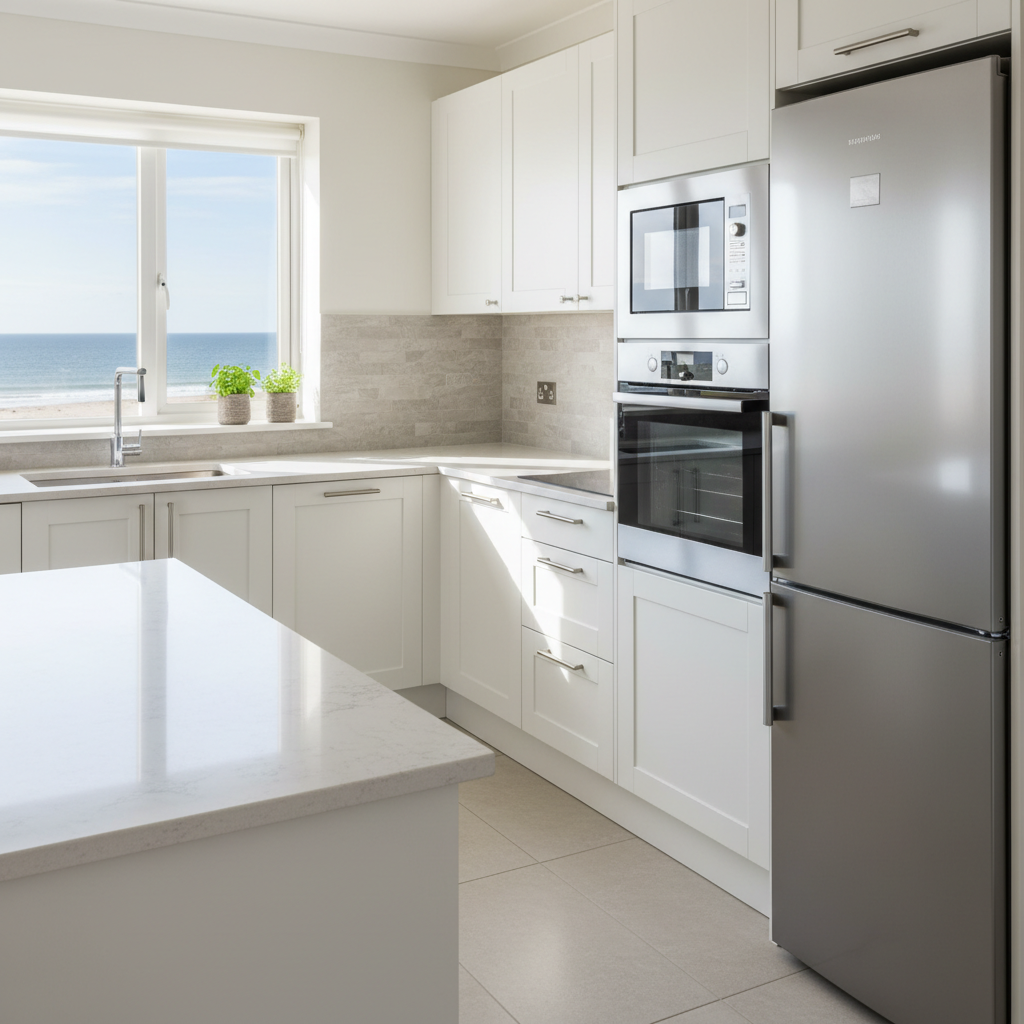 A modern, updated kitchen inside a beachside cottage, featuring sleek white cabinetry with brushed nickel hardware, a polished pale quartz countertop, and integrated stainless steel appliances. The backsplash is a subtle, textured stone in soft greige tones, providing depth without overwhelming the space. Natural daylight streams in from a nearby window, illuminating the stainless steel and creating subtle highlights on countertop surfaces. The mood is orderly and inviting, emphasizing functionality and contemporary charm. The camera captures the setting at a slight angle, framing the kitchen workspace in the foreground with balanced depth and a clean, photographic realism that supports the site’s corporate and professional identity.