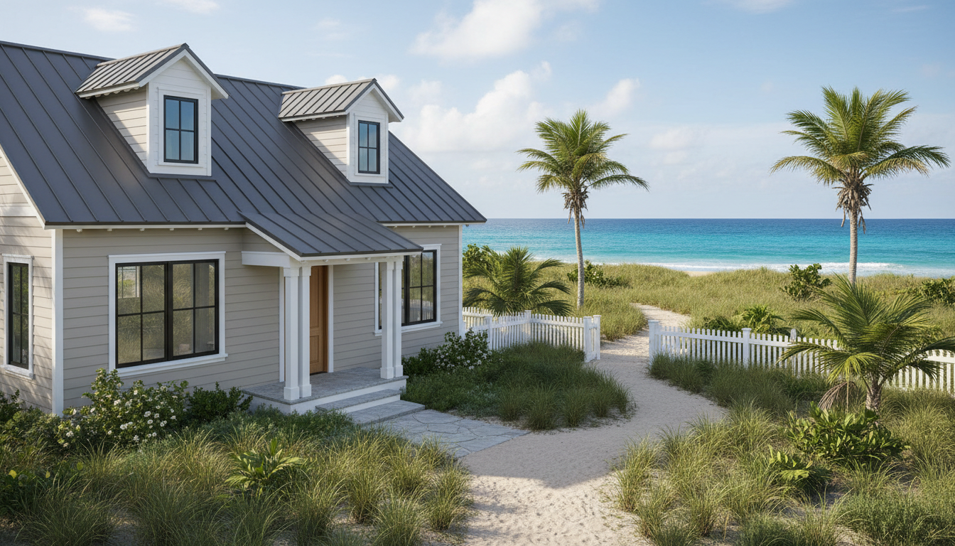 A quaint, thoughtfully renovated single-level cottage exterior featuring neutral-toned siding and a modern metal roof, accented by clean white trim and elegant architectural lines. The cottage is set amidst well-manicured landscaping with palms and coastal grasses, positioned only steps away from a sun-drenched sandy path leading toward distant turquoise waves. Early afternoon sunlight creates balanced, natural illumination that gently highlights the structure and casts soft, inviting shadows across the entrance path. The mood is serene and welcoming, capturing a calm sense of escape. Photographed from a slightly elevated, wide-angle perspective with sharp focus throughout, the composition feels orderly and balanced, embodying a professional, photographic realism that aligns with a clean, corporate vacation rental aesthetic.